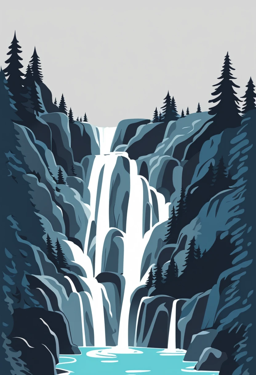 /Imagine Prompt: Waterfall illustration for banner on white background, bold outline style, irregular, Trashcore, light shading