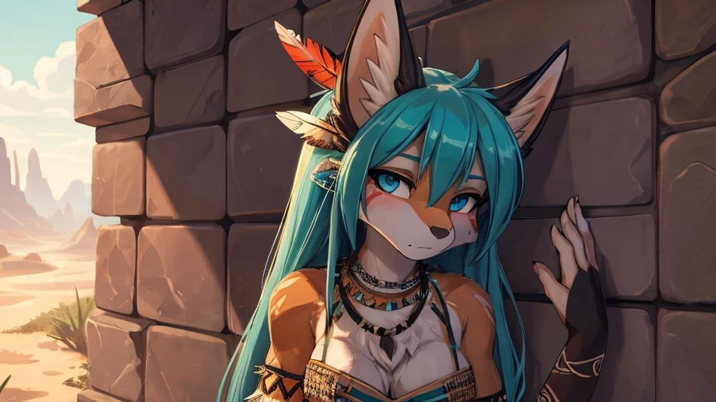 Miku Hatsune x forbiden west dragon tenack armor, add high definition_detail:1, blue fur,kitsune ears, tribal tattoo add_detail:1, sensual pose against the wall add_details:1, tribal feather necklage, rainbowed feather skirt, tribal feather ornaments for the body high definition, tribal feather bralette, desertic landscape oasis in the background, exhausted girl, sweating, very hot, intense sun add_detailsl 