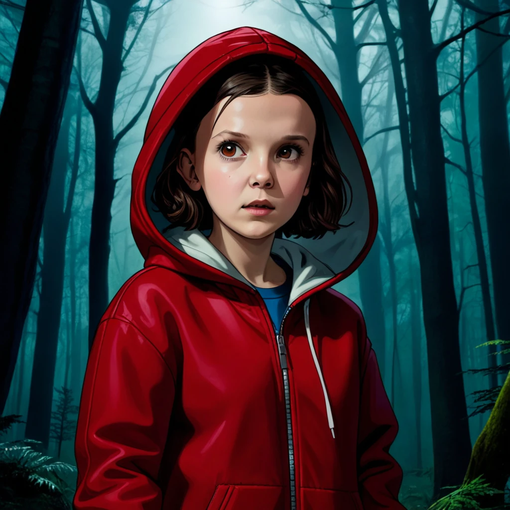 vue de face, milli3 femme, millie bobby brun, mbb, portant une veste rouge et une capuche dans une forêt sombre, style d&#39;horreur, des choses étranges, Netflix, (( millie bobby brun )) , Onze