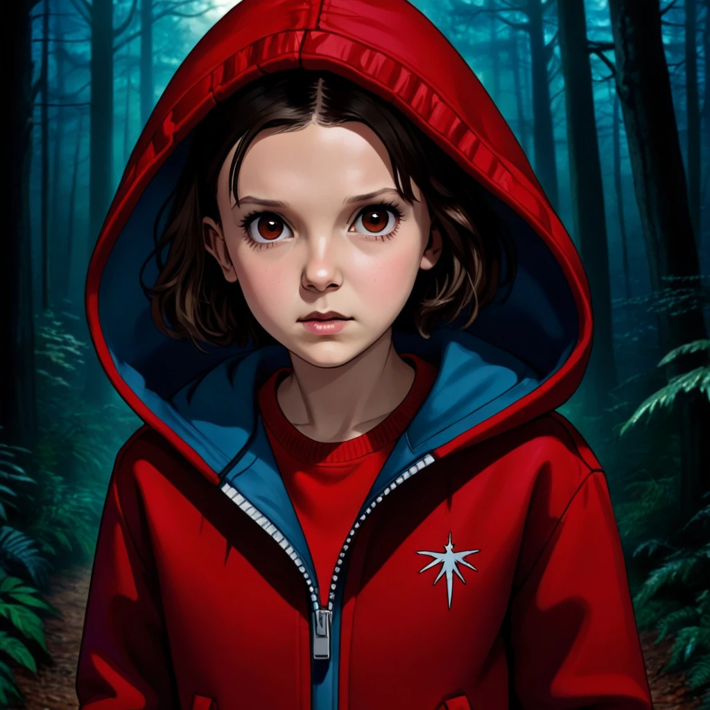 vue de face, milli3 femme, millie bobby brun, mbb, portant une veste rouge et une capuche dans une forêt sombre, style d&#39;horreur, des choses étranges, Netflix, (( millie bobby brun )) , Onze