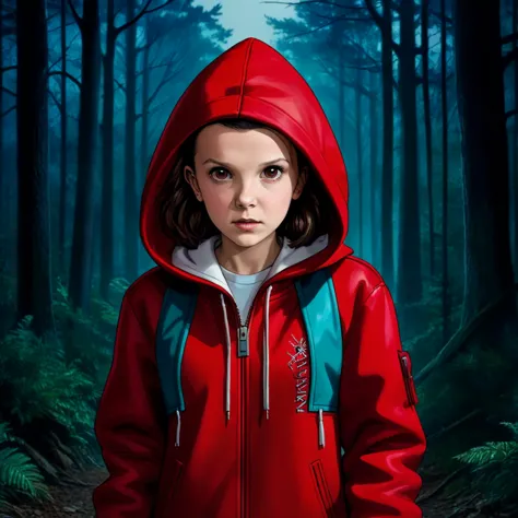 front view, milli3 woman, Millie Bobby Brown, mbb, wearing a red jacket and a hood in a dark forrest, horror style, stranger thi...