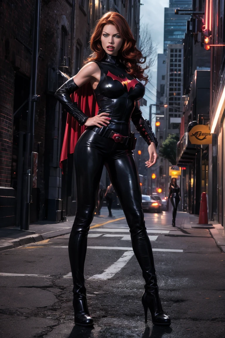 full body superheroine 14 years old Batgirl red long wavy hair green eyes red mouth tall slender graceful body big round breasts broad shoulders black metallic shiny tight leather pants, black metallic shiny short plunging sleeveless tops blue boots dress hero pose even a terrifying night in a pose Gotham dark city street, a semi-dark plume of light octane render photorealistic 