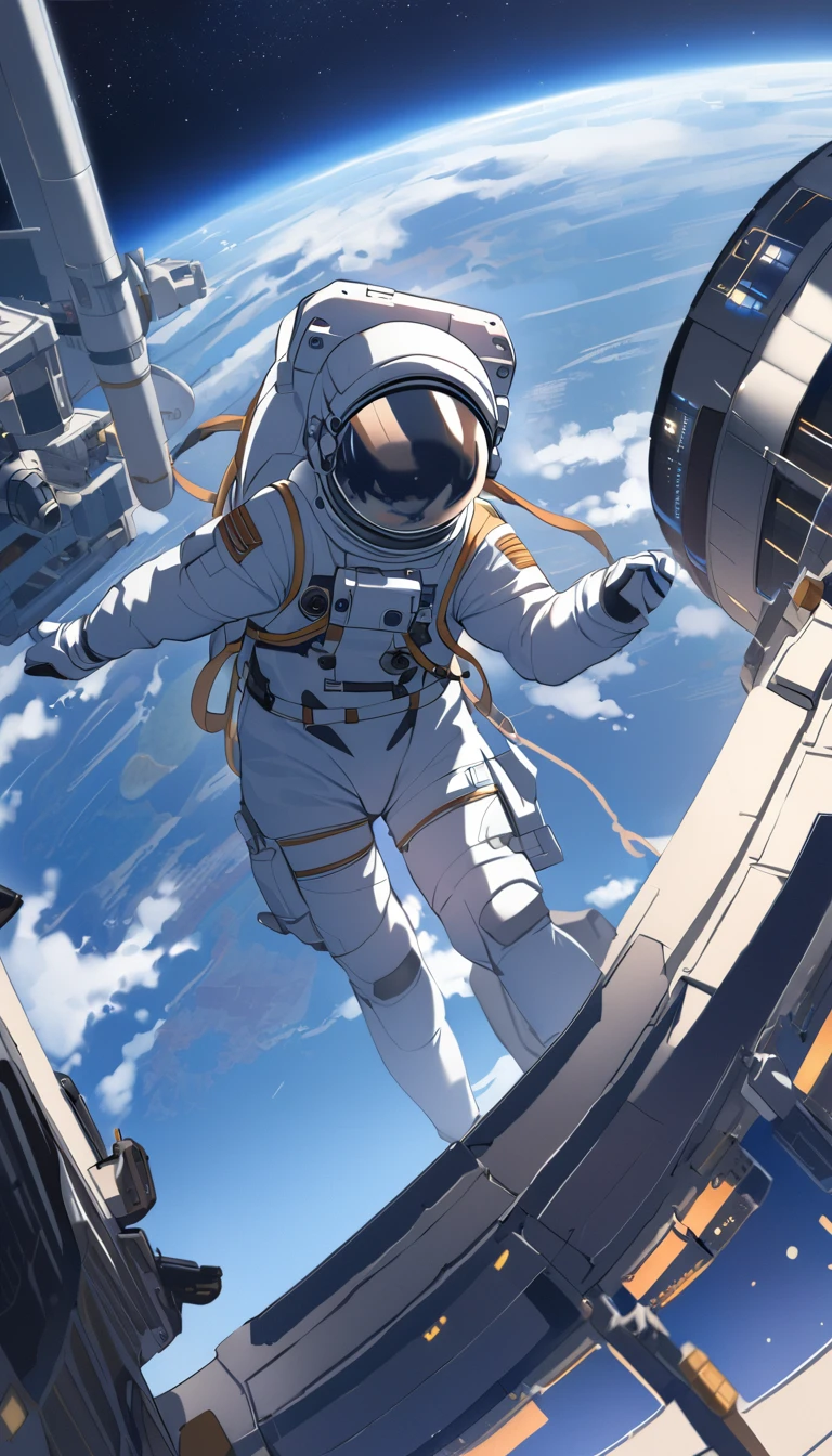 Highest quality、masterpiece、High resolution、RAW Photos、BREAK、Perfect Anatomy、One Girl、Skin-tight astronaut suits、２０talent、Zero Gravity Swimming、Space Station、Experimental building、Complex Instrumentation、Detailed depiction、近未来のSpace Station、BREAK、Earth seen from the window、Beautiful Earth、Blue Earth、