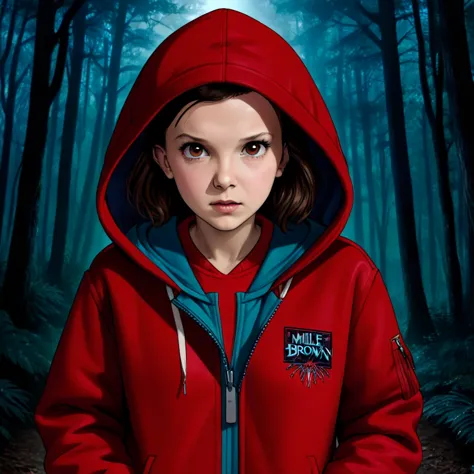 front view, milli3 woman, Millie Bobby Brown, mbb, wearing a red jacket and a hood in a dark forrest, horror style, stranger thi...