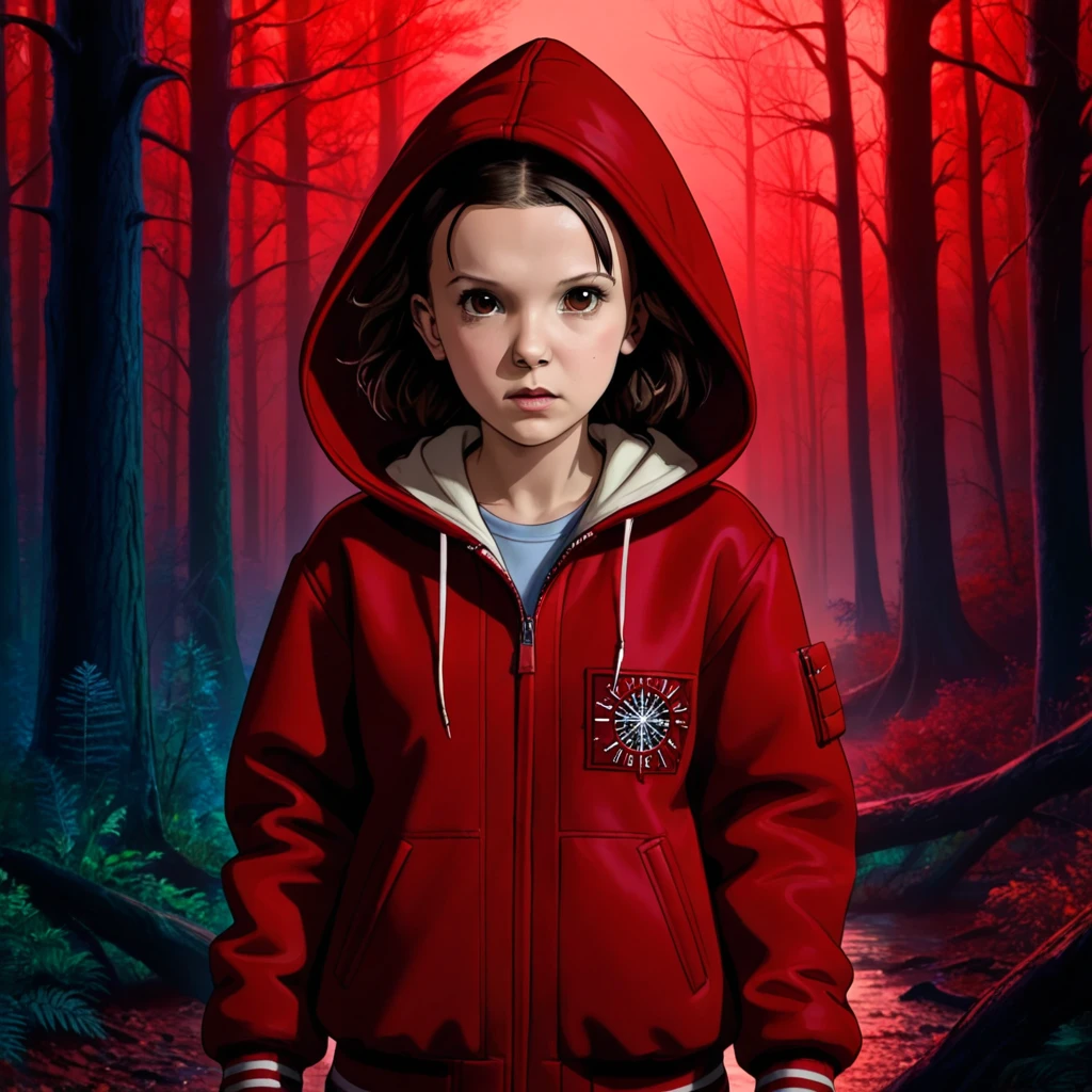 Vorderansicht, milli3 Frau, Millie Bobby Brown, MBB, trägt eine rote Jacke und eine Kapuze in einem dunklen Wald, Horror-Stil, Fremde Dinge, Netflix, (( Millie Bobby Brown )) , elf