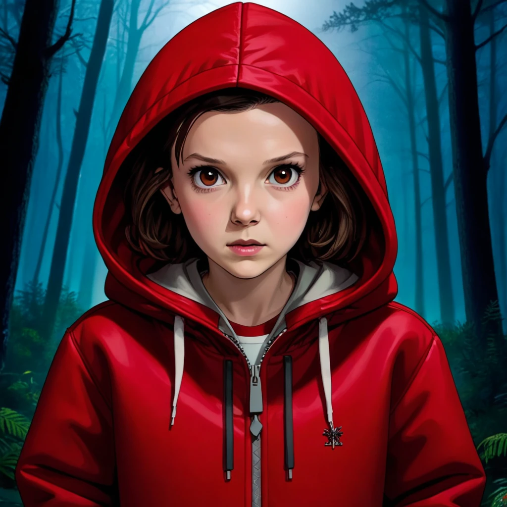 Vorderansicht, milli3 Frau, Millie Bobby Brown, MBB, trägt eine rote Jacke und eine Kapuze in einem dunklen Wald, Horror-Stil, Fremde Dinge, Netflix, (( Millie Bobby Brown )) , elf