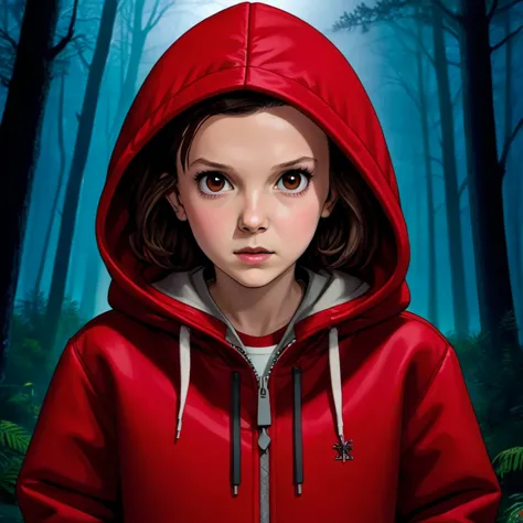 front view, milli3 woman, Millie Bobby Brown, mbb, wearing a red jacket and a hood in a dark forrest, horror style, stranger thi...