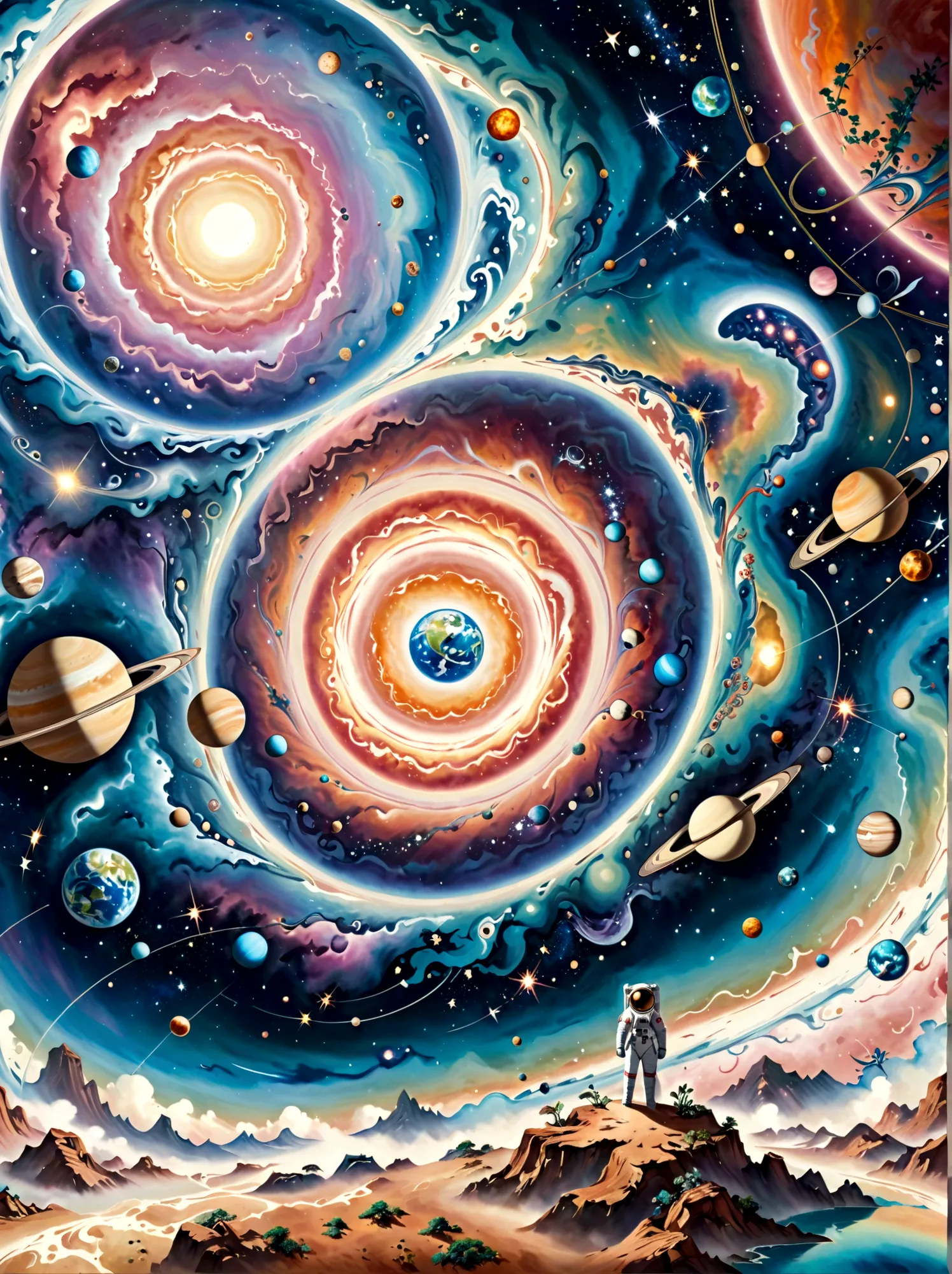 Imagine a surreal perspective of space exploration. There's an astronaut on an abstract shaped planet with swirling colors of co...