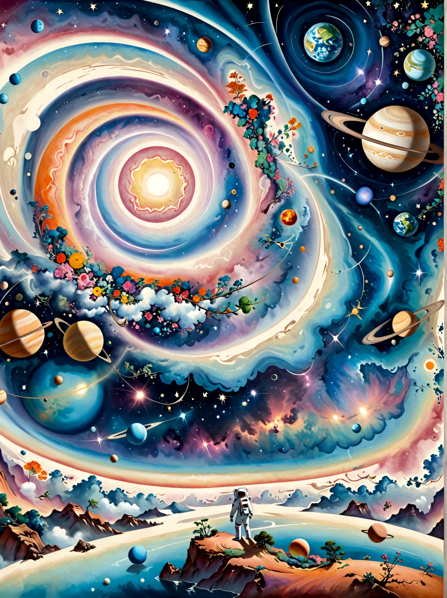 Imagine a surreal perspective of space exploration. There's an astronaut on an abstract shaped planet with swirling colors of cosmic nebulas in the backdrop. A closer look reveals strange flora and fauna, resembling but not quite matching Earth's. The astronaut is tethered to a whimsically curved spacecraft that seems to defy the physics we know. Rings of planets and orbs of sparkling astral dust form asymmetrical patterns across the sky. This visualization is heavily influenced by the abstract and dreamlike qualities seen in the Surrealism movement of the late 19th and early 20th century.
