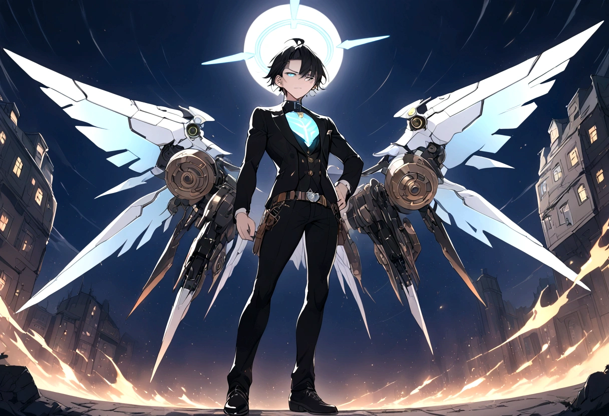 ((anime Illustrator)),best quality , highly detailed,(Full body illustration),detailed cool face,1 little boy, cyber punk costume, shiny skin,(blue glowing eyes),short black hair , shota ,mechanical wing ,steam punk wing, console-like angel HALO ,  boy,  grim face, steam punk, ((moonlight)),flaming angle, 1boy, Mecha