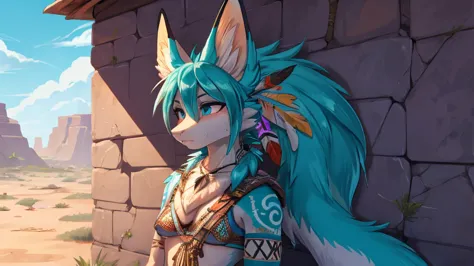 miku hatsune x aloy horizon forbiden west dragon tenack armor, add high definition_detail:1, blue fur,kitsune ears, tribal tatto...