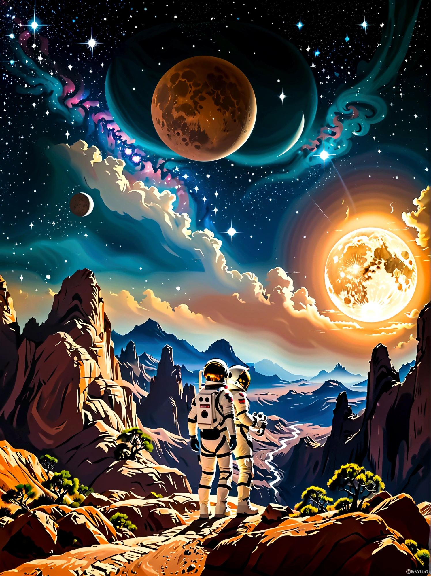 Super fine，Chinese ink painting style，Chinese Fantasy Landscape，(Distant planetary sky，A blue space suit made of futuristic cutting-edge technology，Martian climbing cliff close-up:1.8)，Ringed planet floating in the sky，illustration，Bright shining stars，Stunning galactic background，Mysterious and peaceful feeling，Magical atmosphere，Happy and peaceful scene，Surreal and ethereal colors，texture landscape，otherworldly environment，Magnificent views，Hazy and mysterious atmosphere，Dramatic light and shadow，Unique rock formations，A thrilling sense of adventure，Amazing natural wonders，Grandeur and sense of scale，Explore endless possibilities，Space suit，(China high-tech space suit，High detail space suit，china&#39;s next generation of astronauts:1.5）
