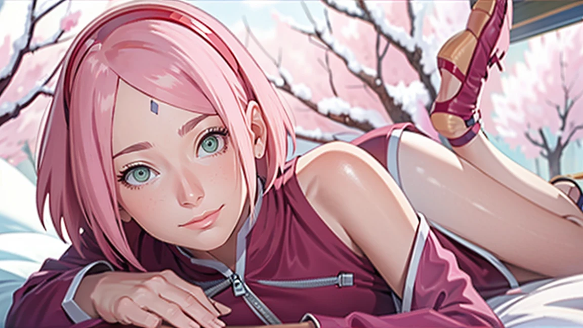 masterpiece， best quality， 1 girl， Sakura Haruno， Small Breasts，Off the shoulder dress，（Full body close-up，Very shy，Smile，Pink hair, dog leash，short hair， （green eyeball:1.4)， forehead protection， Cherry tree，cherry blossoms flying，Red clothes，half zipper, Lying in bed.