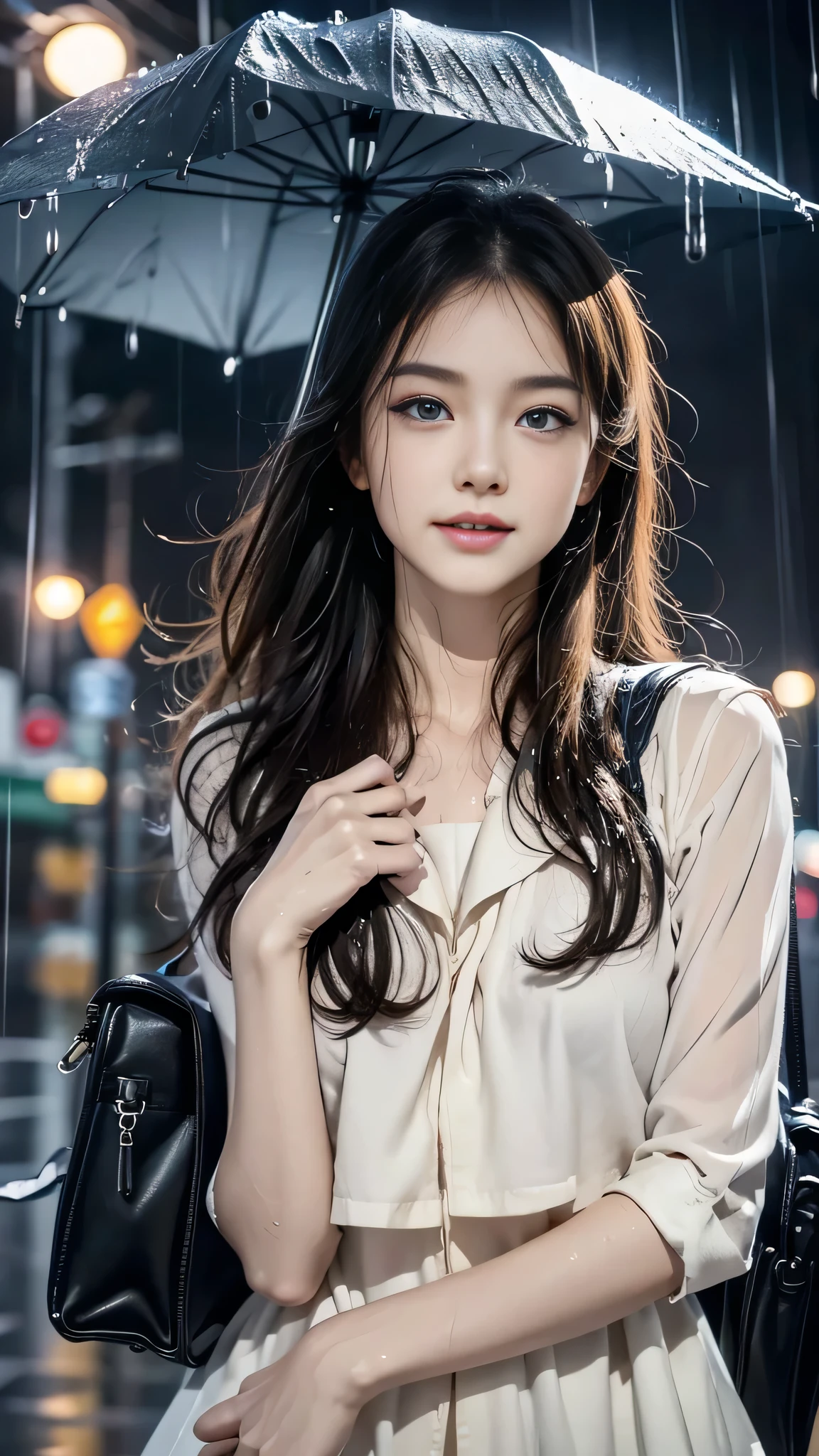 (RAW shooting, Photoreal:1.5, 8k, highest quality, masterpiece, ultra high resolution), perfect dynamic composition:1.2, street corner at night, look up at the sky:1.3, (((Typhoon heavy rain))), Highly detailed skin and facial textures:1.2, Slim high school girl wet in the rain:1.3, sexy beauty, perfect style:1.2, beautiful and aesthetic, Fair skin, very beautiful face, (rain drips all over my body:1.2, wet hair:1.4, wet uniform:1.2), water droplets on the skin, (Medium chest, Chest gap), (embarrassing smile, The expression on your face when you feel intense caress, Facial expression when feeling pleasure), (beautiful blue eyes, Eyes that feel beautiful eros:0.8), (Too erotic:0.9, Bewitching:0.9), cowboy shot, student bag, perfect limbs, perfect fingers