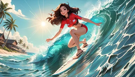 LONG Dark Brown haired girl in red bikini, BROWN EYES, Long dark brown hair, SURFING ON TOP OF HER SURFBOARD THE SEA, JAPANESE A...