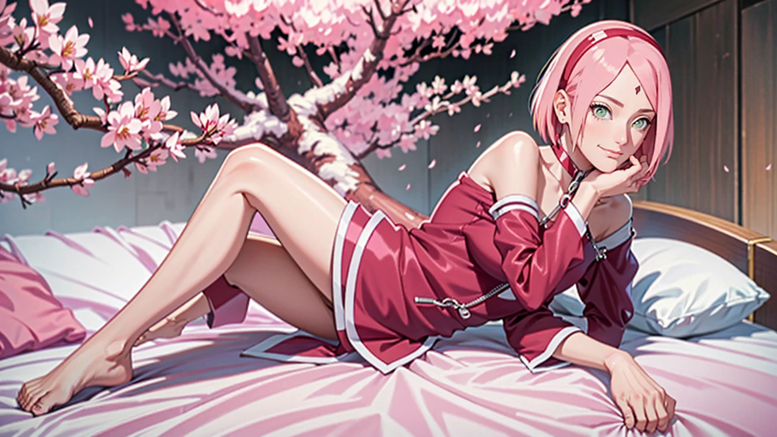 masterpiece， best quality， 1 girl， Sakura Haruno， Small Breasts，Off the shoulder dress，（Full body close-up，Very shy，Smile, slender thighs，Pink hair, dog leash，short hair， （green eyeball:1.4)， forehead protection， Cherry tree，cherry blossoms flying，Red clothes，half zipper, Lying in bed.