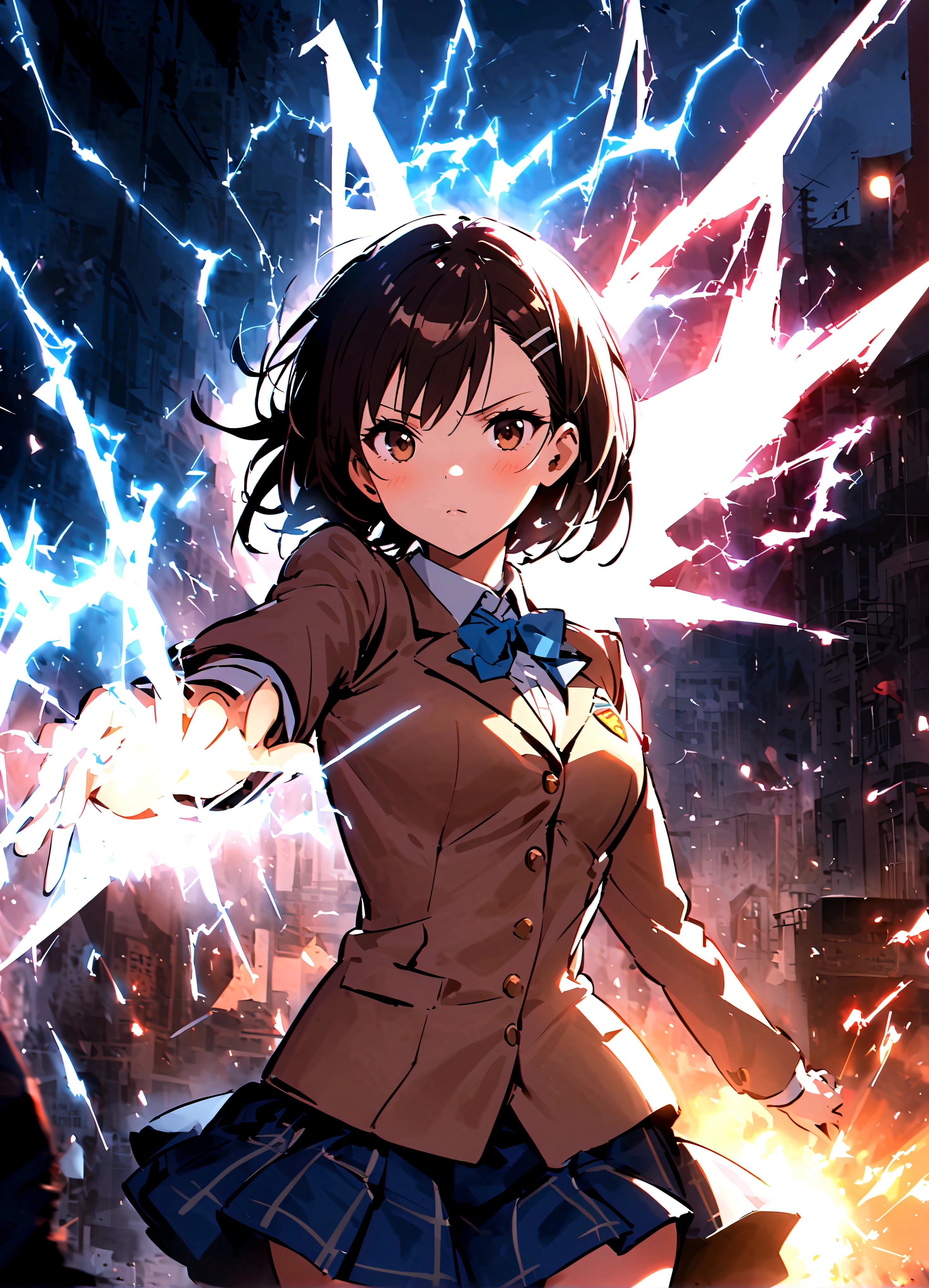 Anime girl in uniform with lightning in background - SeaArt AI