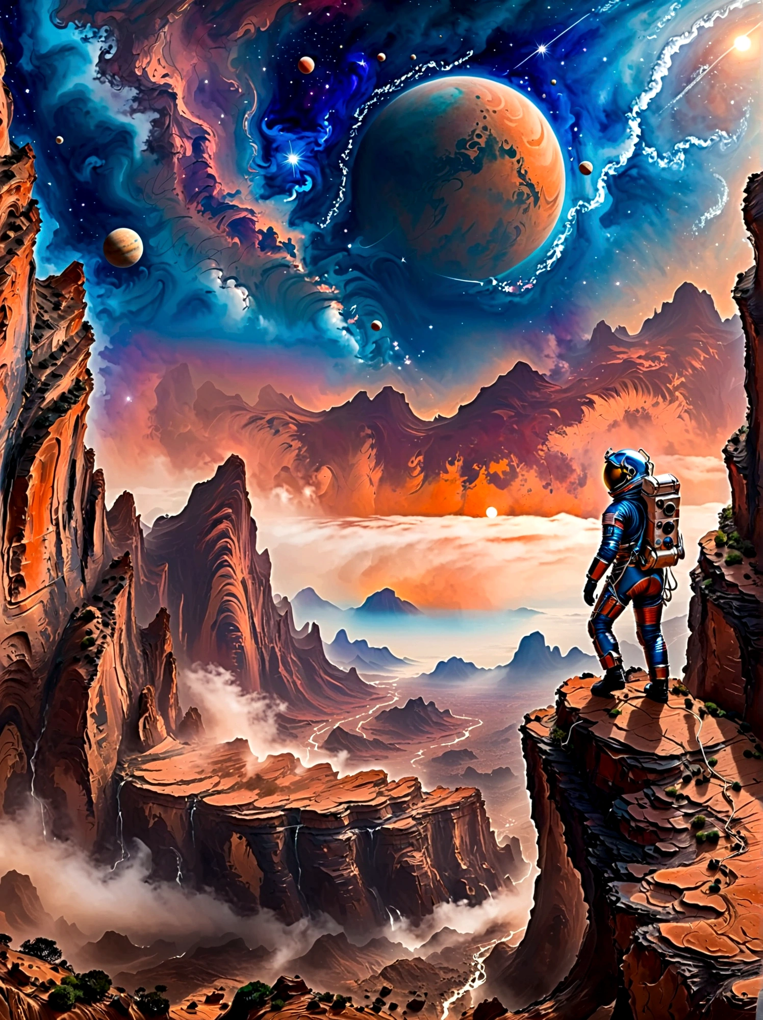 Super fine，Chinese ink painting style，Chinese Fantasy Landscape，(Distant planetary sky，A blue space suit made of futuristic cutting-edge technology，Martian climbing cliff close-up:1.8)，Ringed planet floating in the sky，illustration，Bright shining stars，Stunning galactic background，Mysterious and peaceful feeling，Magical atmosphere，Happy and peaceful scene，Surreal and ethereal colors，texture landscape，otherworldly environment，Magnificent views，Hazy and mysterious atmosphere，Dramatic light and shadow，Unique rock formations，A thrilling sense of adventure，Amazing natural wonders，Grandeur and sense of scale，Explore endless possibilities，Space suit，(China high-tech space suit，High detail space suit，china&#39;s next generation of astronauts:1.5）