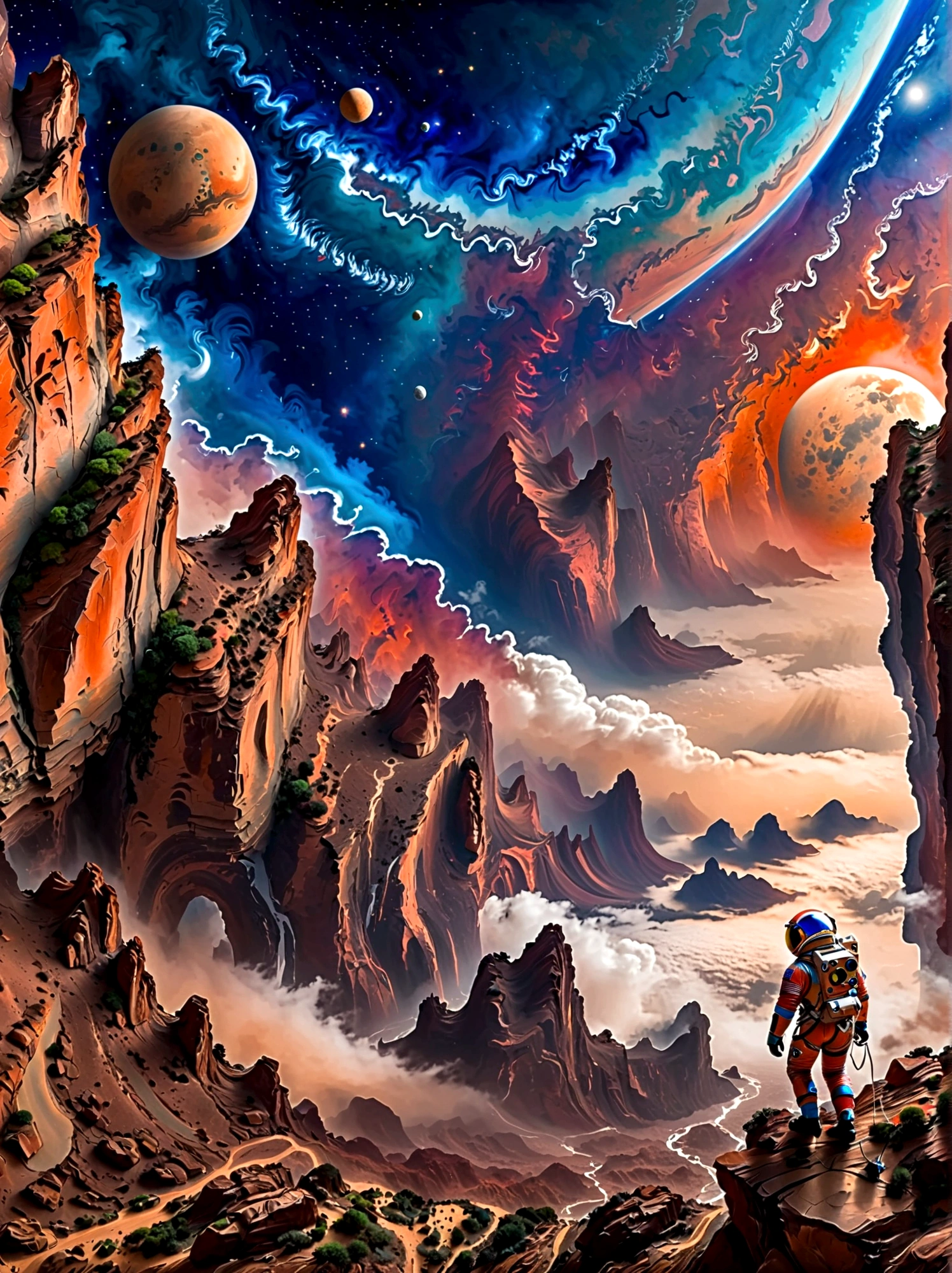 Super fine，Chinese ink painting style，Chinese Fantasy Landscape，(Distant planetary sky，A blue space suit made of futuristic cutting-edge technology，Martian climbing cliff close-up:1.8)，Ringed planet floating in the sky，illustration，Bright shining stars，Stunning galactic background，Mysterious and peaceful feeling，Magical atmosphere，Happy and peaceful scene，Surreal and ethereal colors，texture landscape，otherworldly environment，Magnificent views，Hazy and mysterious atmosphere，Dramatic light and shadow，Unique rock formations，A thrilling sense of adventure，Amazing natural wonders，Grandeur and sense of scale，Explore endless possibilities，Space suit，(China high-tech space suit，High detail space suit，china&#39;s next generation of astronauts:1.5）