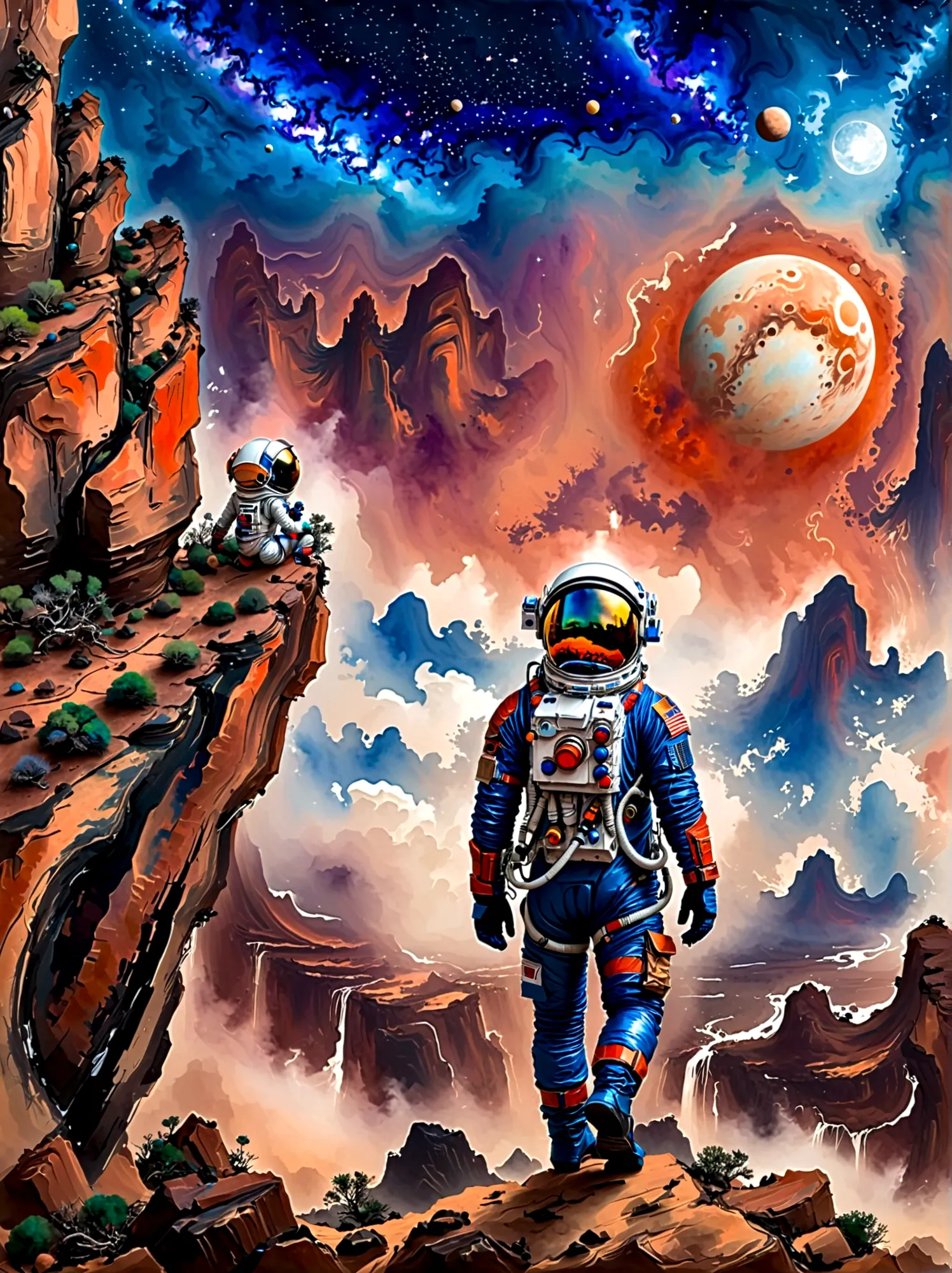 Super Fine，Chinese ink painting style，Chinese Fantasy Landscape，(Distant planetary sky，一个穿着未来尖端技术制成的蓝色Space suit，Martian climbin...