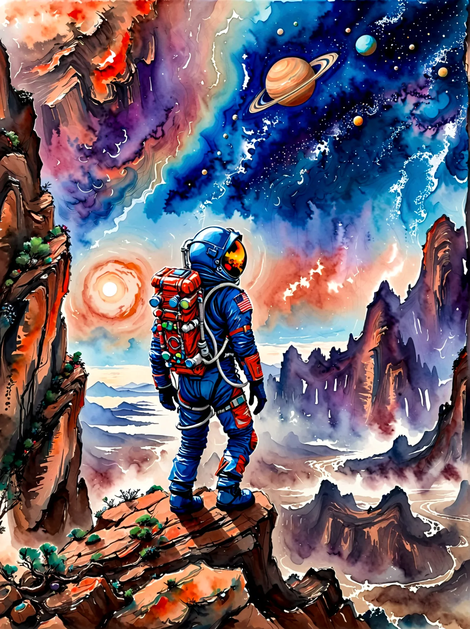 Super Fine，Chinese ink painting style，Chinese Fantasy Landscape，(Distant planetary sky，一个穿着未来尖端技术制成的蓝色Space suit，Martian climbin...