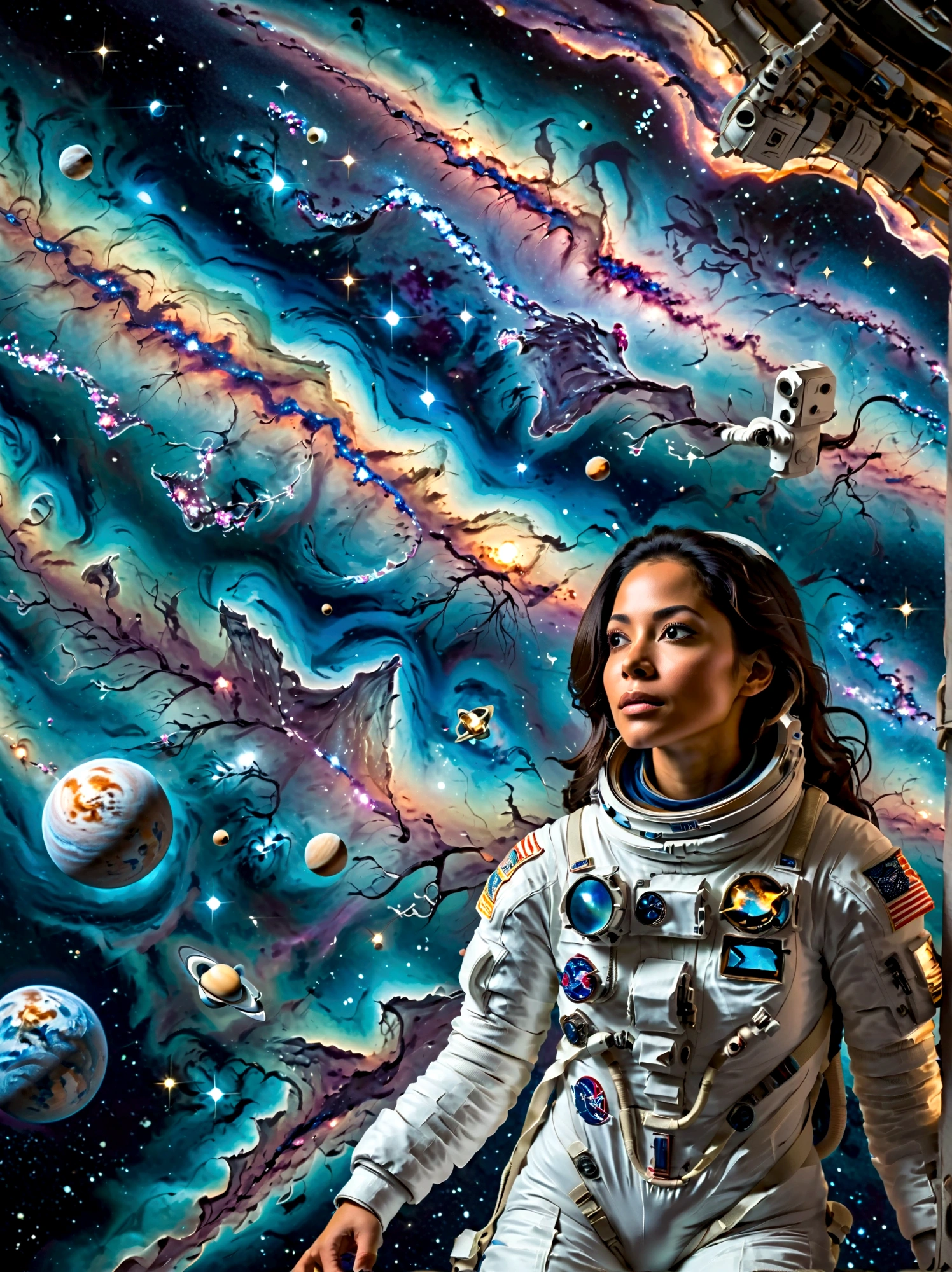 Visualize a scenario in the vast expanse of space. In the foreground, there's a Hispanic female astronaut, completely suited up in a detailed spacesuit, elegantly floating in zero gravity. She's gazing at an alien creature, who's also hovering nearby. The alien is fascinating with multiple appendages, shiny azure skin, large eyes that shimmer in the starlight, and emits a soft bioluminescent glow. The backdrop is filled with millions of stars, the dark void of space, and a giant swirling galaxy. Both beings, despite their differences, seem to communicate in peaceful harmony.