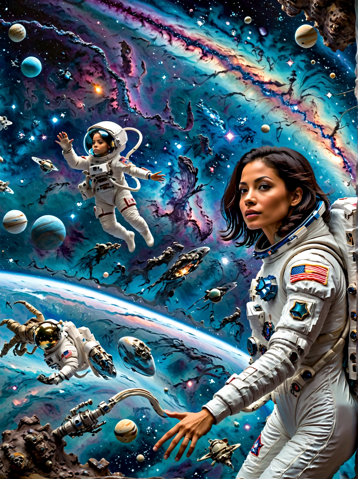 Visualize a scenario in the vast expanse of space. In the foreground, there's a Hispanic female astronaut, completely suited up in a detailed spacesuit, elegantly floating in zero gravity. She's gazing at an alien creature, who's also hovering nearby. The alien is fascinating with multiple appendages, shiny azure skin, large eyes that shimmer in the starlight, and emits a soft bioluminescent glow. The backdrop is filled with millions of stars, the dark void of space, and a giant swirling galaxy. Both beings, despite their differences, seem to communicate in peaceful harmony.