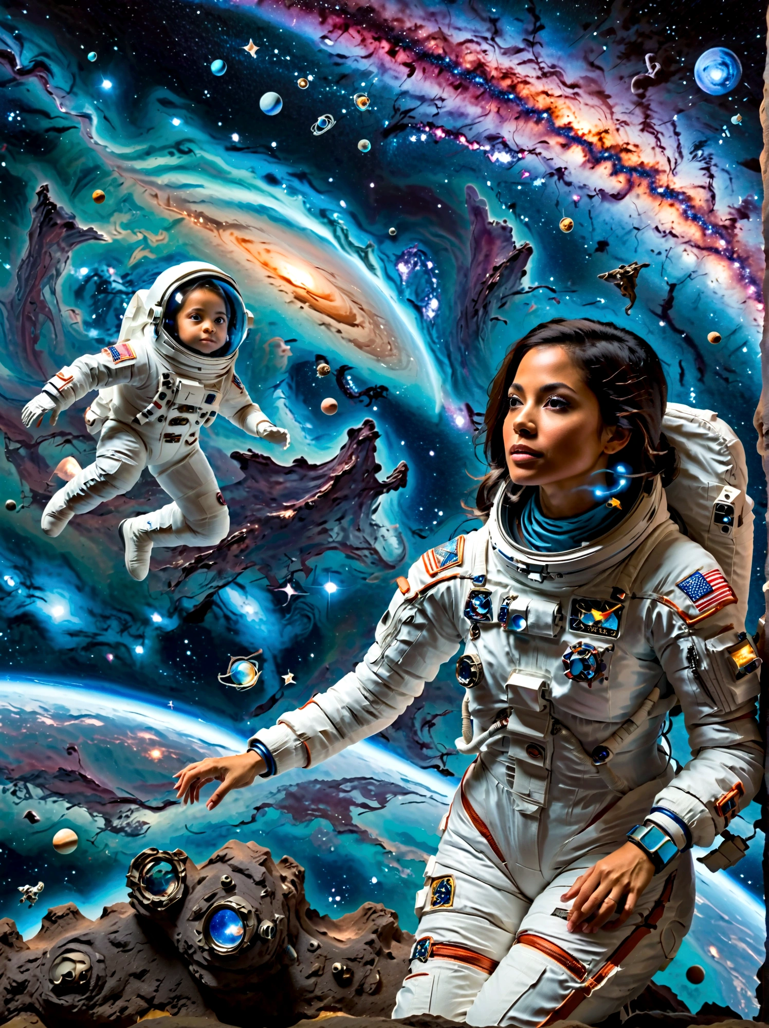 Visualize a scenario in the vast expanse of space. In the foreground, there's a Hispanic female astronaut, completely suited up in a detailed spacesuit, elegantly floating in zero gravity. She's gazing at an alien creature, who's also hovering nearby. The alien is fascinating with multiple appendages, shiny azure skin, large eyes that shimmer in the starlight, and emits a soft bioluminescent glow. The backdrop is filled with millions of stars, the dark void of space, and a giant swirling galaxy. Both beings, despite their differences, seem to communicate in peaceful harmony.