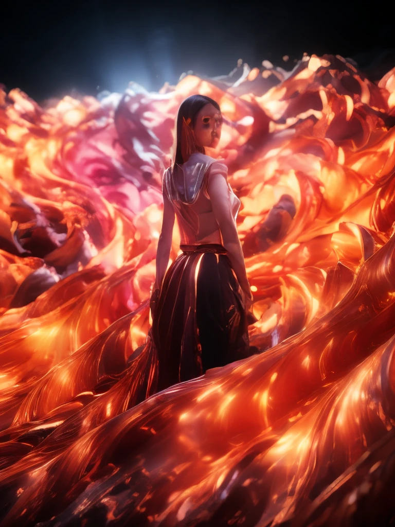 1 villan girl,angry,20yo,eyes on fire,hair on fire,realistic style with fantasy elements,high-definition,shiny skin,Surrealism,lava,hood,burning hair,wings landing,an overlong torn skirt,(absolute_territory:1.5), sky is covered with burning embers,glowingdust, bokeh, 