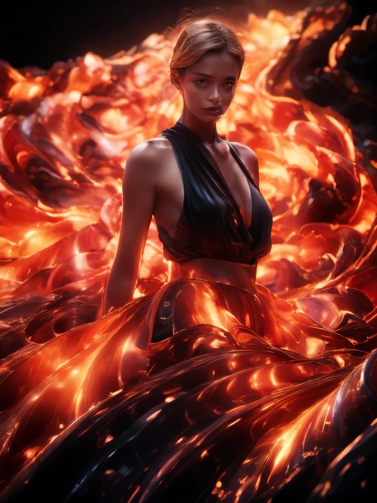 1 villan girl,angry,20yo,eyes on fire,hair on fire,realistic style with fantasy elements,high-definition,shiny skin,Surrealism,lava,hood,burning hair,wings landing,an overlong torn skirt,(absolute_territory:1.5), sky is covered with burning embers,glowingdust, bokeh, 