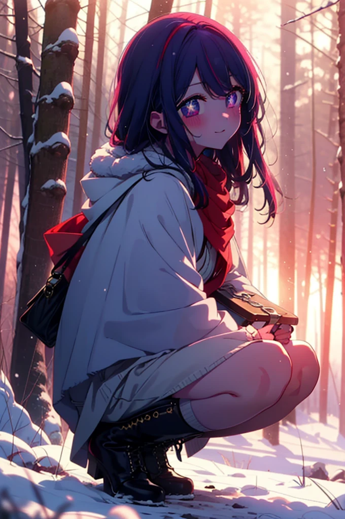 aihoshino, Ai Hoshino, Long Hair, bangs, (Purple eyes:1.1), Purple Hair, (Symbol-shaped pupil:1.5), smile,,smile,blush,White Breath,
Open your mouth,snow,Ground bonfire, Outdoor, boots, snowing, From the side, wood, suitcase, Cape, Blurred, , forest, White handbag, nature,  Squat, Mouth closed, Cape, winter, Written boundary depth, Black shoes, red Cape break looking at viewer, Upper Body, whole body, break Outdoor, forest, nature, break (masterpiece:1.2), Highest quality, High resolution, unity 8k wallpaper, (shape:0.8), (Beautiful and beautiful eyes:1.6), Highly detailed face, Perfect lighting, Highly detailed CG, (Perfect hands, Perfect Anatomy),
