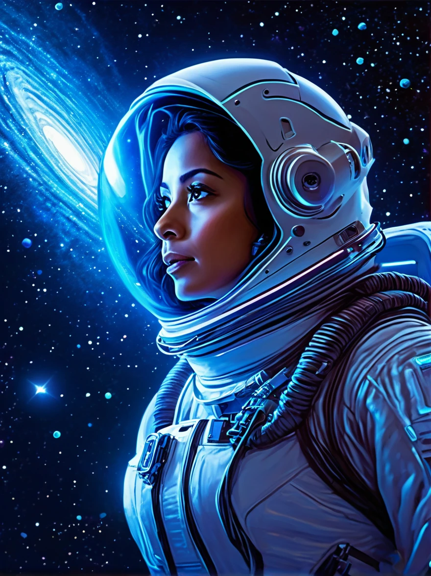 Visualize a scenario in the vast expanse of space. In the foreground, there's a Hispanic female astronaut, completely suited up in a detailed spacesuit, elegantly floating in zero gravity. She's gazing at an alien creature, who's also hovering nearby. The alien is fascinating with multiple appendages, shiny azure skin, large eyes that shimmer in the starlight, and emits a soft bioluminescent glow. The backdrop is filled with millions of stars, the dark void of space, and a giant swirling galaxy. Both beings, despite their differences, seem to communicate in peaceful harmony