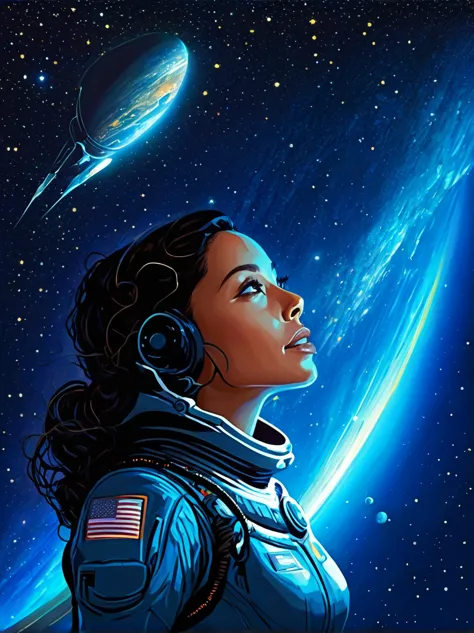 Visualize a scenario in the vast expanse of space. In the foreground, there's a Hispanic female astronaut, completely suited up ...