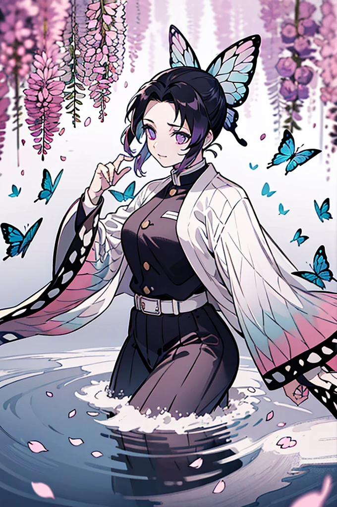 Una obra maestra muy detallada y de alta resolución de Shinobu Kocho, La hermosa y aterradora acción dinámica del Demon Slayer Corps.. Su voyeur tenía algunas mariposas., Destaca el exquisito detalle de su atuendo con temática de mariposas y la expresión feroz de su rostro.. Prepara la escena al anochecer, Un lago tranquilo con pétalos de cerezo al fondo. Utilizando colores ricos y luz tridimensional.、Expresando misteriosa belleza y fuerza.。.