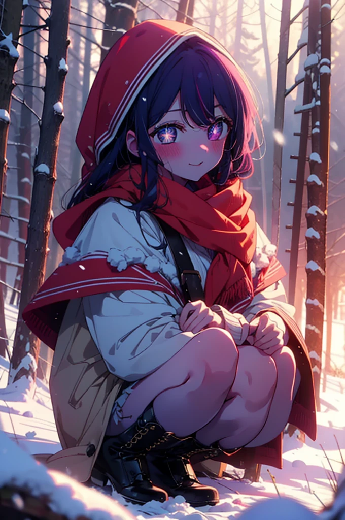 aihoshino, Ai Hoshino, Long Hair, bangs, (Purple eyes:1.1), Purple Hair, (Symbol-shaped pupil:1.5), smile,,smile,blush,White Breath,
Open your mouth,snow,Ground bonfire, Outdoor, boots, snowing, From the side, wood, suitcase, Cape, Blurred, , forest, White handbag, nature,  Squat, Mouth closed, Cape, winter, Written boundary depth, Black shoes, red Cape break looking at viewer, Upper Body, whole body, break Outdoor, forest, nature, break (masterpiece:1.2), Highest quality, High resolution, unity 8k wallpaper, (shape:0.8), (Beautiful and beautiful eyes:1.6), Highly detailed face, Perfect lighting, Highly detailed CG, (Perfect hands, Perfect Anatomy),