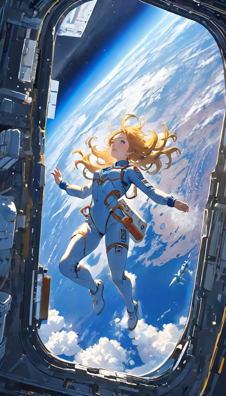 Highest quality、masterpiece、High resolution、RAW Photos、BREAK、Perfect Anatomy、One Girl、Skin-tight astronaut suits、２０talent、Zero Gravity Swimming、Space Station、Experimental building、Complex Instrumentation、Detailed depiction、近未来のSpace Station、BREAK、Earth seen from the window、Beautiful Earth、Blue Earth、