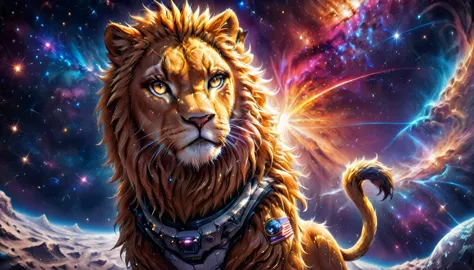 arafed a picture of a anthomorph lion astronaut he stands on the moon (roaring: 1.3),sense awe, sense of might, king of space,  ...