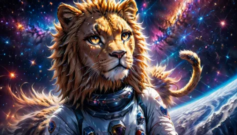 arafed a picture of a anthomorph lion astronaut he stands on the moon (roaring: 1.3),sense awe, sense of might, king of space,  ...