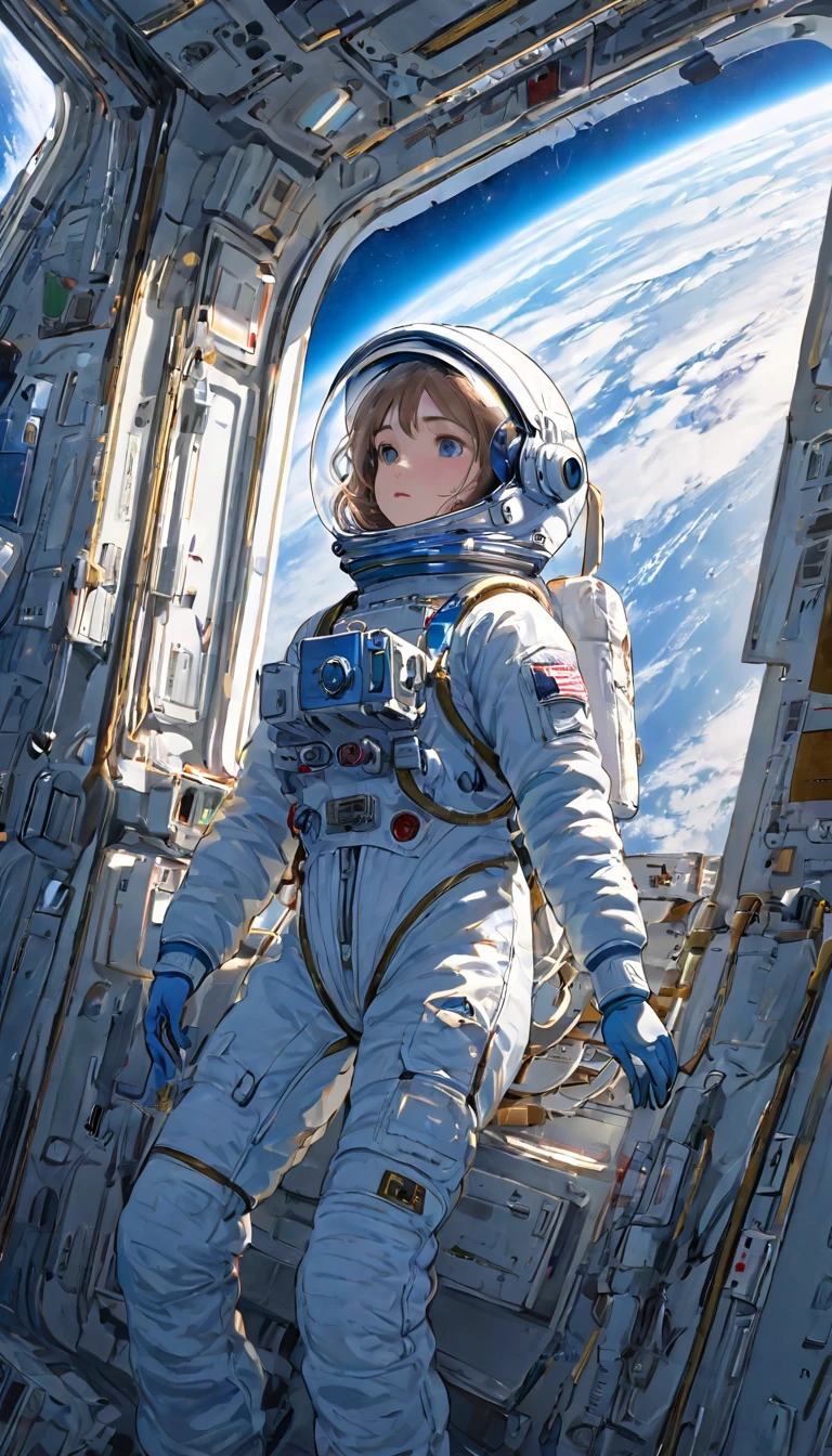 Highest quality、masterpiece、High resolution、RAW Photos、BREAK、Perfect Anatomy、One Girl、Reflective helmet、Wearing a helmet、Skin-tight astronaut suits、２０talent、Zero Gravity Swimming、Space Station、Experimental building、Complex Instrumentation、Detailed depiction、Space Station of the Near Future、BREAK、Earth seen from the window、Beautiful Earth、Blue Earth、