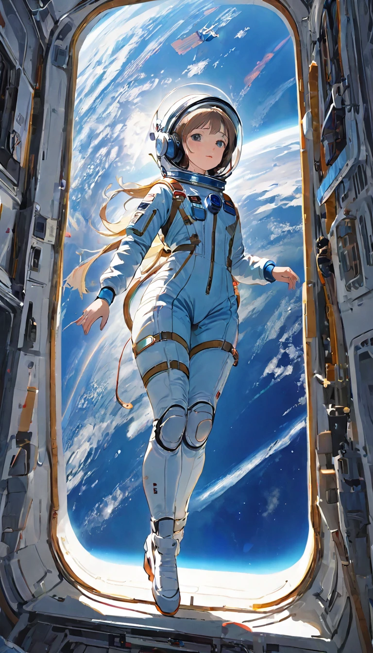 Highest quality、masterpiece、High resolution、RAW Photos、BREAK、Perfect Anatomy、One Girl、Reflective helmet、Wearing a helmet、Skin-tight astronaut suits、２０talent、Zero Gravity Swimming、Space Station、Experimental building、Complex Instrumentation、Detailed depiction、近未来のSpace Station、BREAK、Earth seen from the window、Beautiful Earth、Blue Earth、