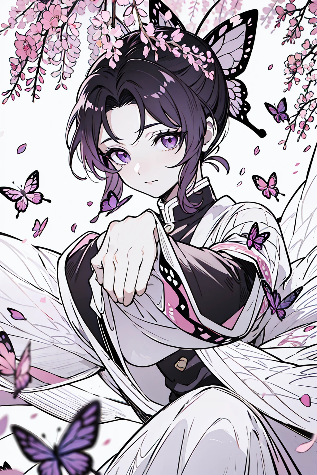 A highly detailed and high-resolution masterpiece by Shinobu Kocho, The beautiful and terrifying dynamic action of the Demon Slayer Corps. Her voyeur had some butterflies., Highlights the exquisite detail of her butterfly-themed outfit and the fierce expression on her face. Set the scene at dusk, A calm lake with cherry blossom petals in the background. Utilizing rich colors and three-dimensional light、Expressing mysterious beauty and strength、Perfect hands