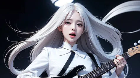 high quality、An android woman in a white suit with long white hair looking up with a blank look、Screaming while holding a black ...