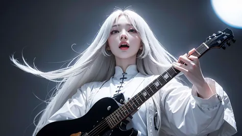 high quality、An android woman in a white suit with long white hair looking up with a blank look、Screaming while holding a black ...