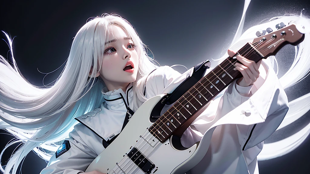 gute Qualität、Eine Androidenfrau in einem weißen Anzug mit langen weißen Haaren, die mit leerem Blick nach oben schaut、Schreiend, während er eine schwarze E-Gitarre hält、Der Hintergrund ist einfarbig grau
