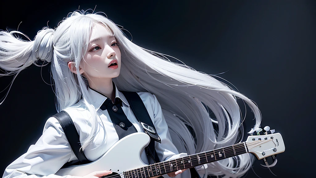 high quality、An android woman in a white suit with long white hair looking up with a blank look、Screaming while holding a black electric guitar、The background is a solid grey color