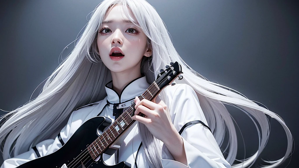 high quality、An android woman in a white suit with long white hair looking up with a blank look、Screaming while holding a black electric guitar、The background is a solid grey color