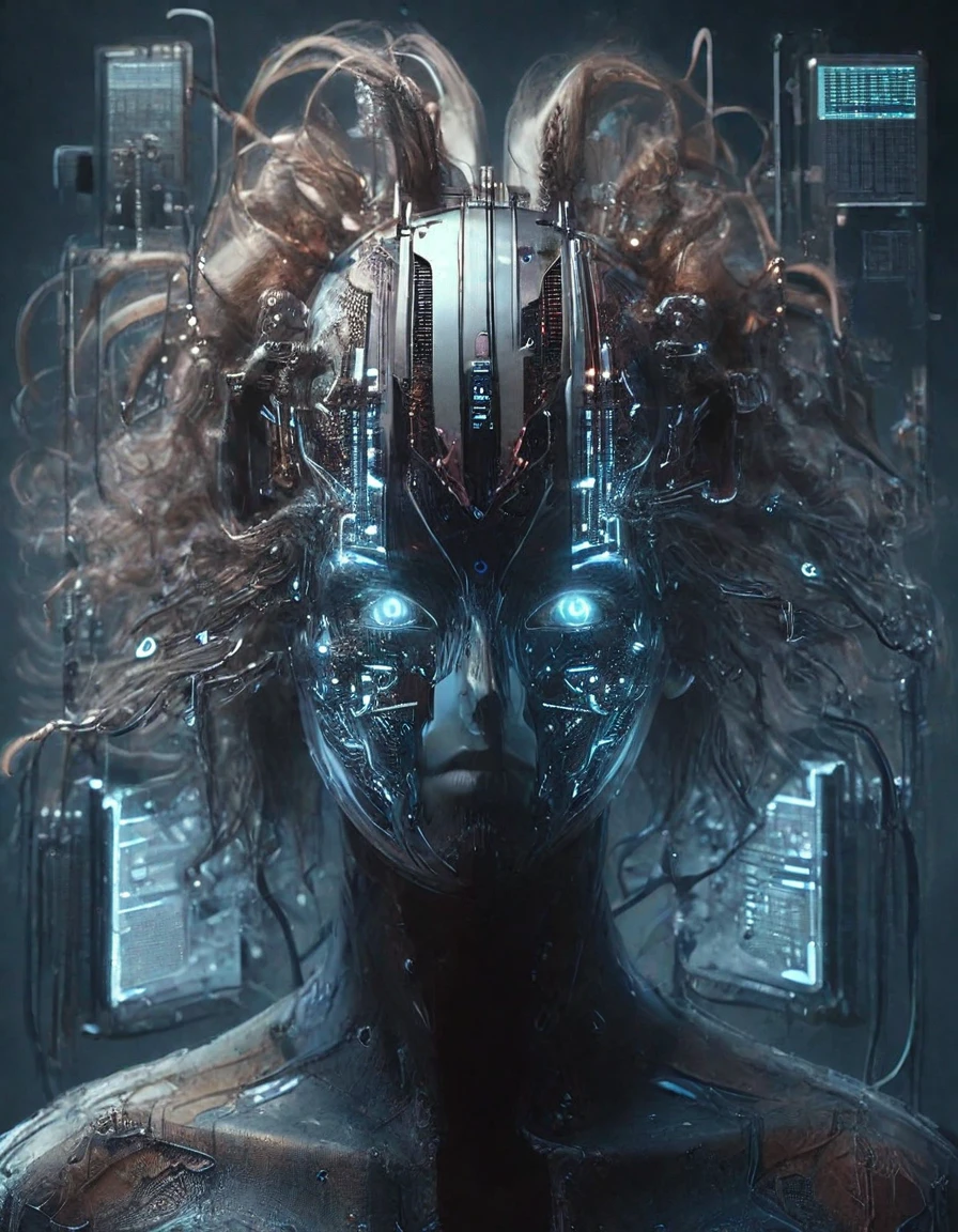 cyberpunk queen,symmetrical face,symmetrical body,flowing hair with computer circuits,portrait,muted colors,character concept,border and embellishments inspiried,fractals,galaxy cyberpukai fractalvines circuitboard by diegocr,teslapunkai 