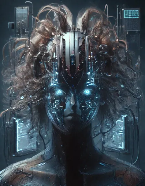 cyberpunk queen,symmetrical face,symmetrical body,flowing hair with computer circuits,portrait,muted colors,character concept,bo...
