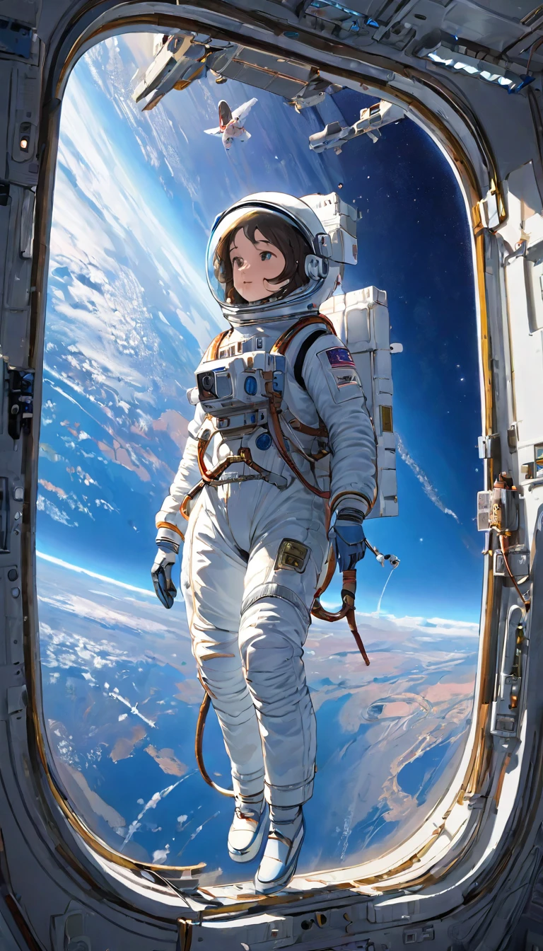 la plus haute qualité、chef-d&#39;œuvre、haute résolution、Photos brutes、casser、Anatomie parfaite、Une fille、Casque réfléchissant、Porter un casque、Combinaisons d&#39;astronaute moulantes、２０Talent、Natation en apesanteur、station spatiale、Bâtiment expérimental、Instrumentation complexe、Représentation détaillée、近未来のstation spatiale、casser、La Terre vue depuis la fenêtre、Belle Terre、Terre bleue、