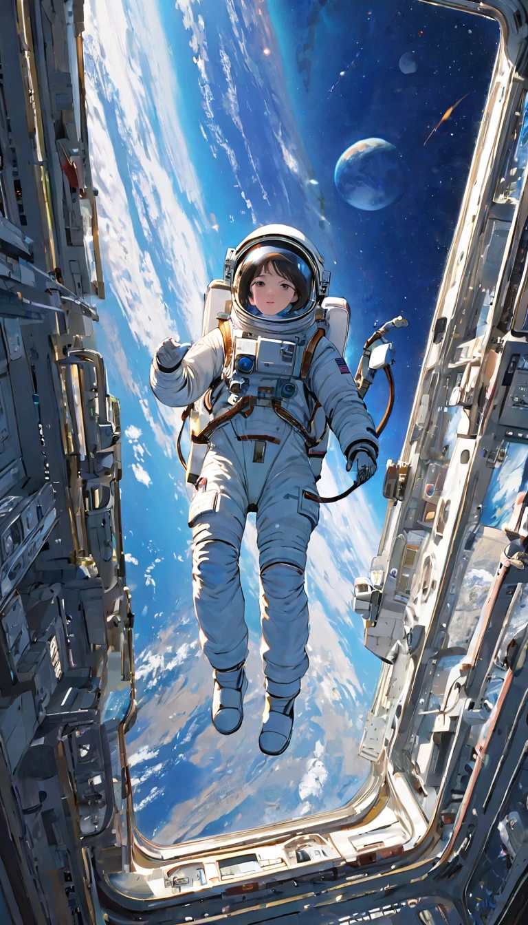 Highest quality、masterpiece、High resolution、RAW Photos、BREAK、Perfect Anatomy、One Girl、Reflective helmet、Wearing a helmet、Skin-tight astronaut suits、２０talent、Zero Gravity Swimming、Space Station、Experimental building、Complex Instrumentation、Detailed depiction、近未来のSpace Station、BREAK、Earth seen from the window、Beautiful Earth、Blue Earth、